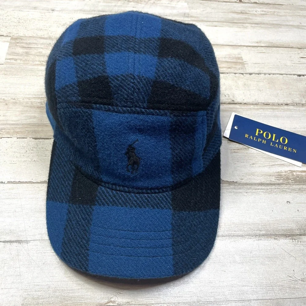 Polo Ralph Lauren Plaid Wool-Blend Twill Five-Panel‎ Cap Blue Black Check NWT